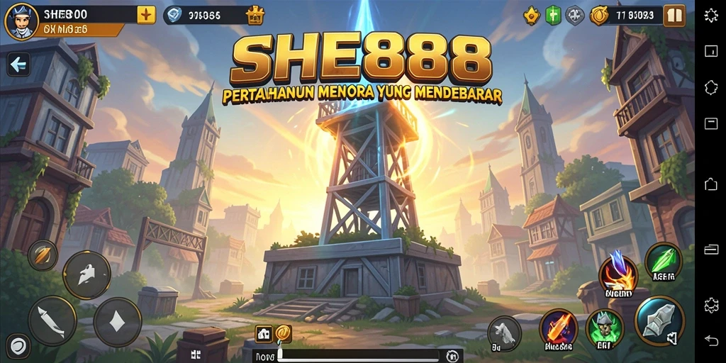 Tangkapan layar dari gameplay SHE888 menampilkan aksi menara pertahanan yang seru.
